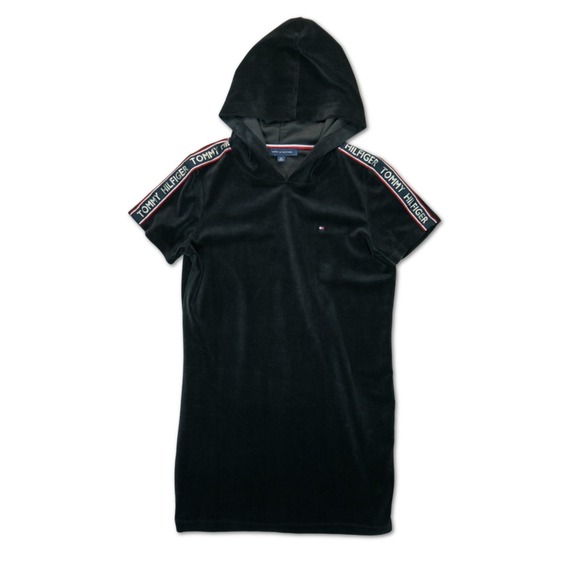 Tommy Hilfiger Dresses & Skirts - Tommy Hilfiger Captain Black Velour Hooded Logo Tape Dress Size S Short Sleeve